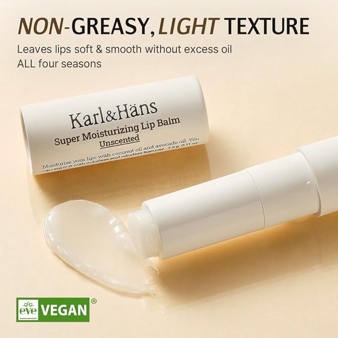 Karl&Hans Super Moisturizing Lip Balm - Unscented with Coconut & Avocado Oil for Lip Repair and Care, Soothes and Hydrates Dry Lips with Natural and Nourishing Formula - 1 Count