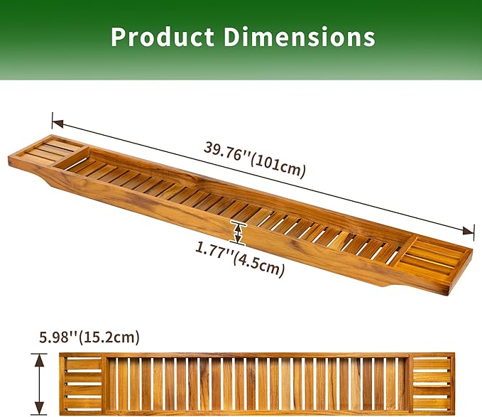 VaeFae Teak Bathtub Tray, Wooden Bath Caddy for Bathtub, Bath Tub Wood Table for Tub, 39.8" x 6" x 1.8"
