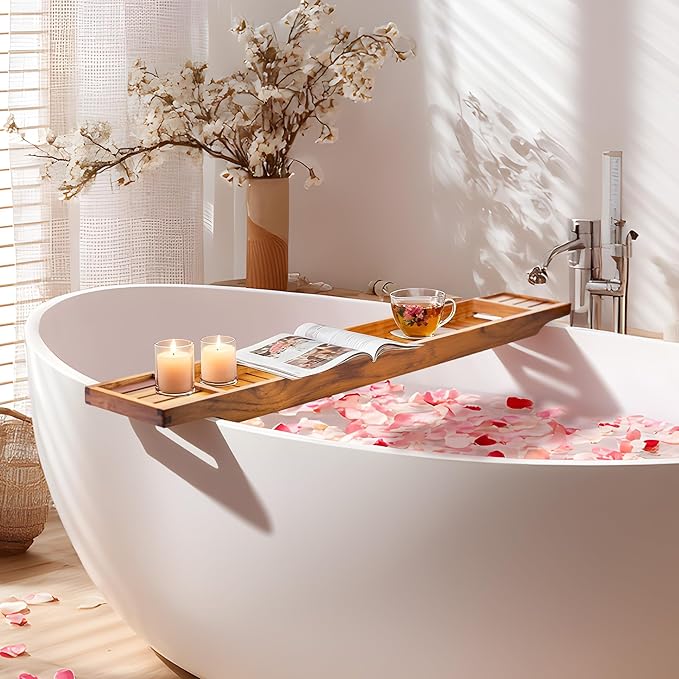 VaeFae Teak Bathtub Tray, Wooden Bath Caddy for Bathtub, Bath Tub Wood Table for Tub, 39.8" x 6" x 1.8"